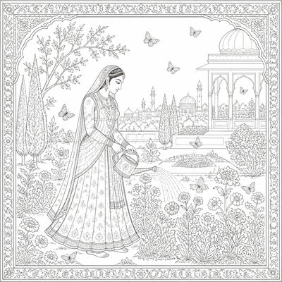 a garden scene with butterflies, flowers and a watering can, clean uncolored line art, no text
