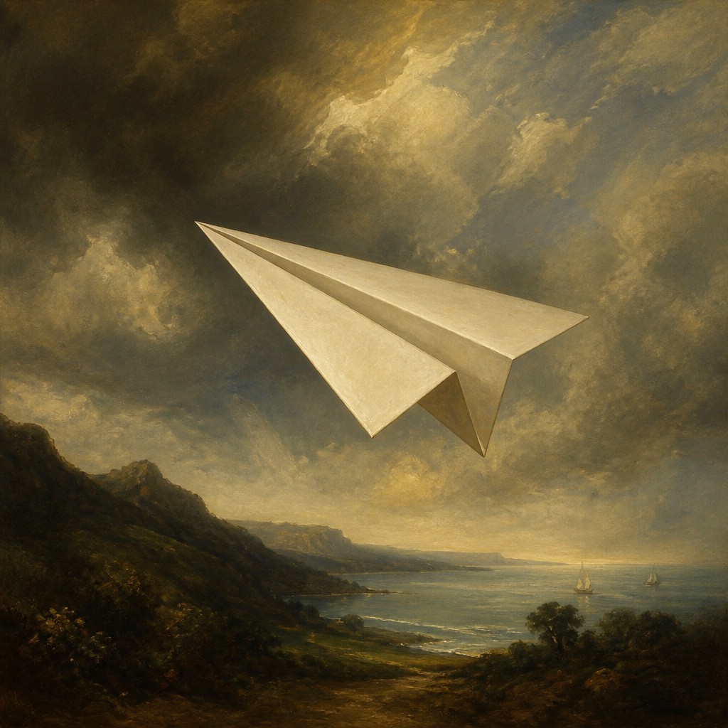 a paper plane, clean minimal composition on a plain background, no text