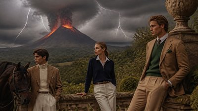 an erupting volcano with lightning strikes, dramatic wide composition, no text