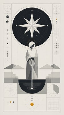 a robed figure pouring water beneath a large eight-pointed star in a night sky, symmetrical composition with an ornate decorative border, no text