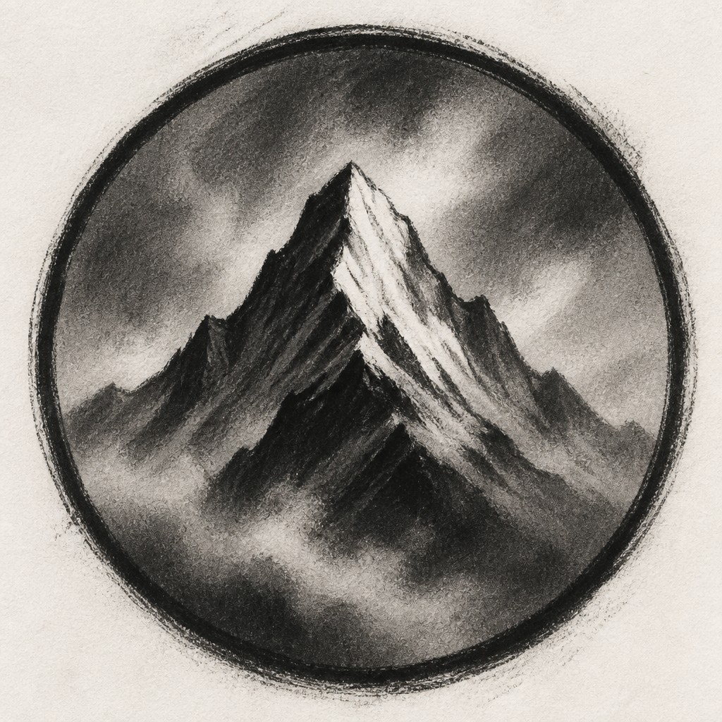 an emblem of a mountain peak inside a circle, simple bold shapes on a plain background, no text or lettering