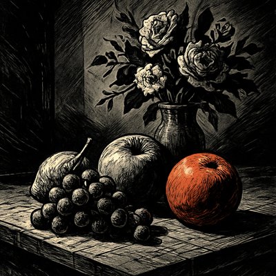 still life arrangement of fruits and flowers