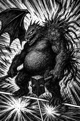 a black and white drawing of a demon holding a box