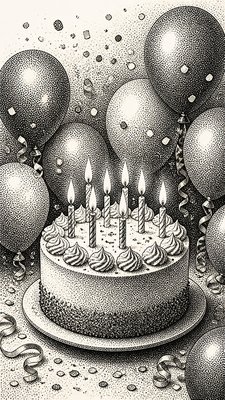 a birthday cake with lit candles surrounded by balloons and confetti, festive vertical composition, no text
