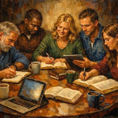 3 men and 2 women sitting around a table with study materials and cups of tea and coffee studying their Bible together writing in journals and using iPads and laptops.