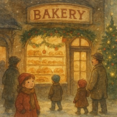 Bustling holiday christmas scene, evening, bakery