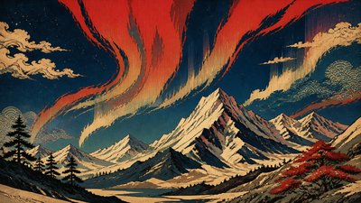 a flowing aurora over snowy peaks, wide sweeping composition, no people, no text