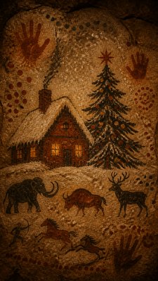 a snow-covered cottage with warm glowing windows beside a decorated pine tree, gentle snowfall, no text