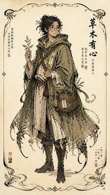 full-body original character: a wandering botanist with a satchel of plants, a patched green cloak, tall boots and round glasses, neutral background