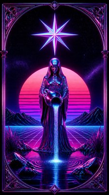 a robed figure pouring water beneath a large eight-pointed star in a night sky, symmetrical composition with an ornate decorative border, no text