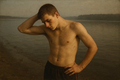 a shirtless man standing on a beach next to a body of water