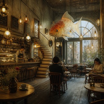 cozy cafe interior with warm lighting