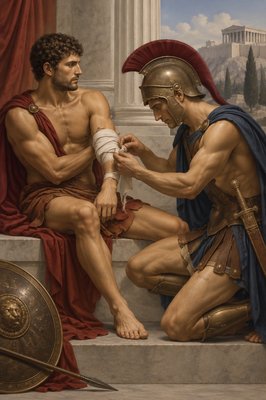 a painting of two men sitting on the steps of a building