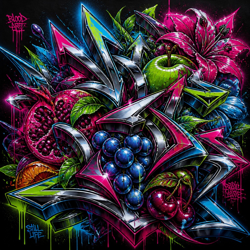 still life arrangement of fruits and flowers