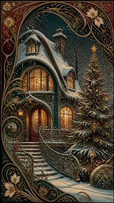 a snow-covered cottage with warm glowing windows beside a decorated pine tree, gentle snowfall, no text