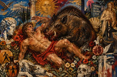 ancient Greek Adonis attacked by a wild boar
