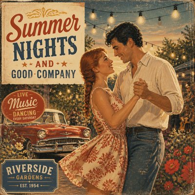 an original couple dancing under string lights in a garden at dusk: a man with short black hair in a linen shirt and a woman with braided red hair in a summer dress