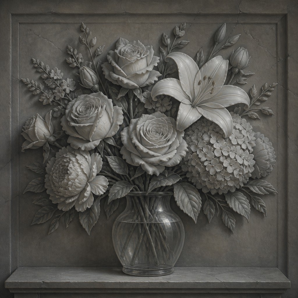bouquet of flowers in a glass vase — Grisaille Painting Style