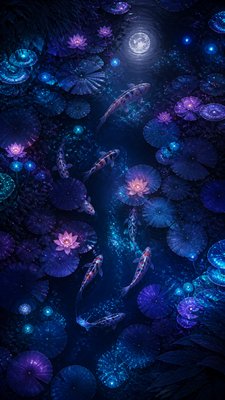 a koi pond with lily pads seen from above, no people