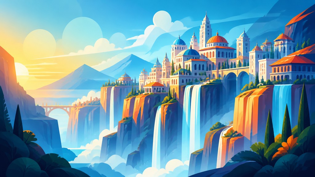 a cliffside city with waterfalls cascading into a misty canyon, wide establishing shot, no people, no text