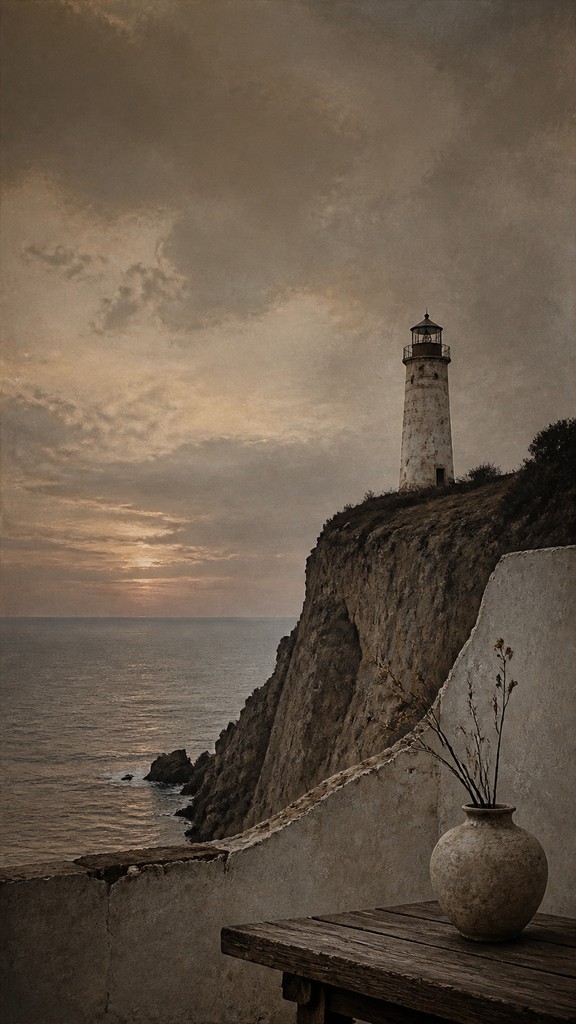 a lone lighthouse on a cliff at dusk under a dramatic sky, no text or lettering