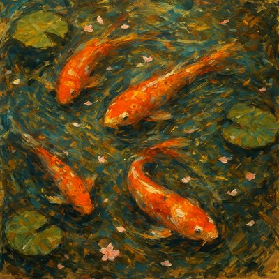 A koi pond seen from above, orange and white koi fish swimming among lily pads, clear water with subtle ripples, fallen cherry blossom petals floating on the surface, dappled sunlight