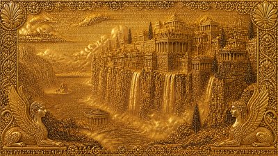 a cliffside city with waterfalls cascading into a misty canyon, wide establishing shot, no people, no text