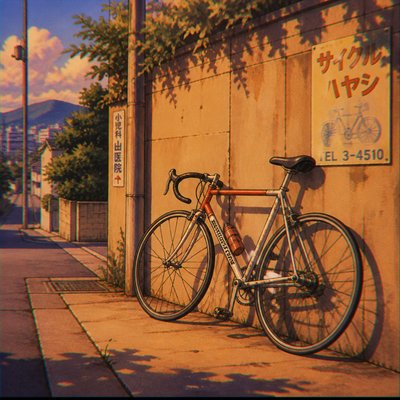 bicyle resting against a wall — Vintage Retro Anime Art Style