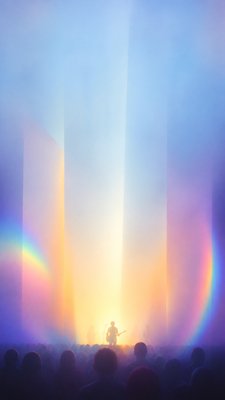 a live music scene with a glowing stage and silhouetted crowd, energetic vertical composition with open space at the top, no text