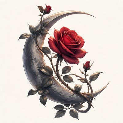 a rose entwined with a crescent moon, clean balanced composition on a plain background, no text