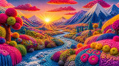 a vast valley with a river winding toward distant mountains at sunrise, no people, no text