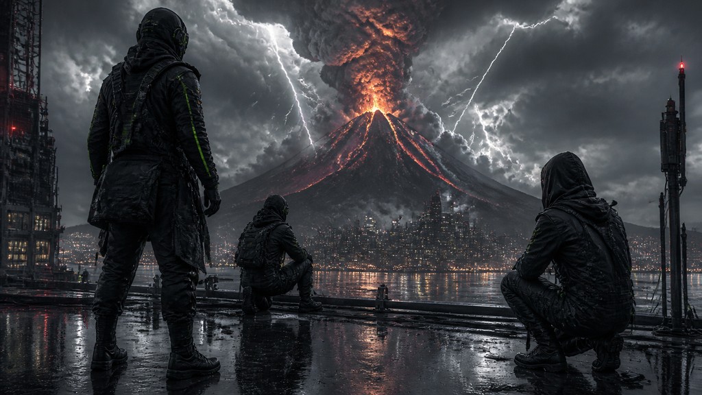 an erupting volcano with lightning strikes, dramatic wide composition, no text