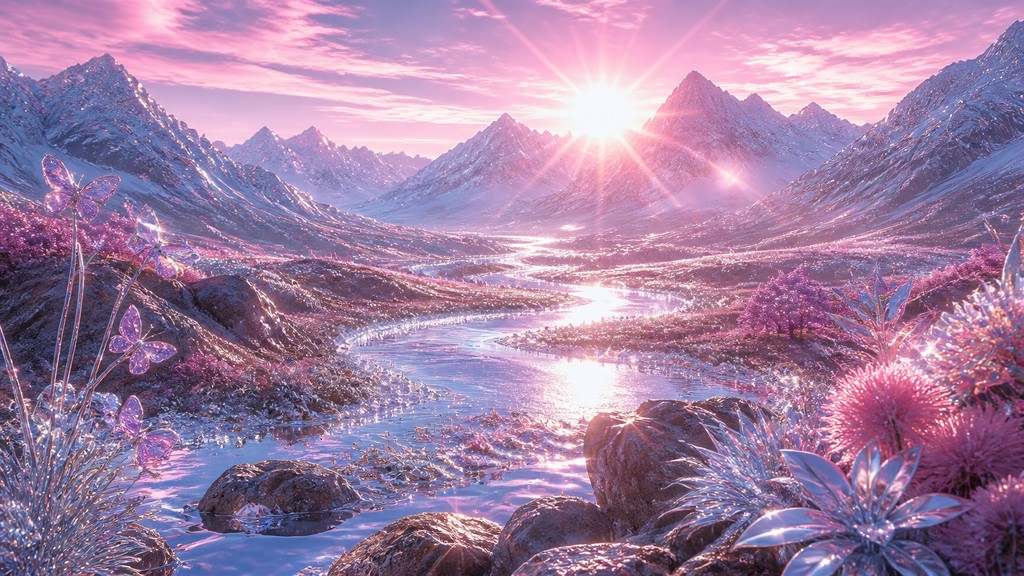 a vast valley with a river winding toward distant mountains at sunrise, no people, no text