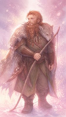 full-body original character: a dwarven ranger with a braided auburn beard, worn leather armor, a longbow and a wolf-pelt cloak, neutral background, no text