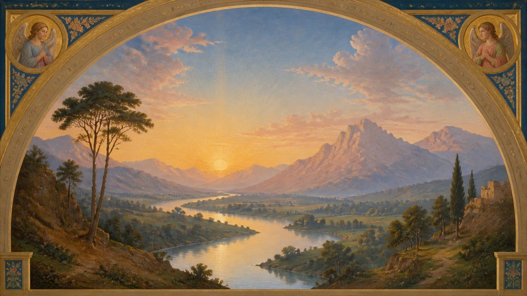 a vast valley with a river winding toward distant mountains at sunrise, no people, no text