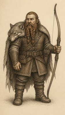 full-body original character: a dwarven ranger with a braided auburn beard, worn leather armor, a longbow and a wolf-pelt cloak, neutral background, no text