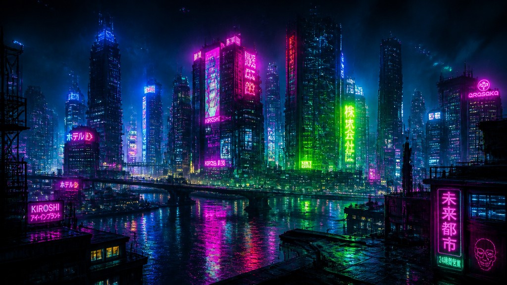a city skyline panorama at dusk with glowing windows, no people