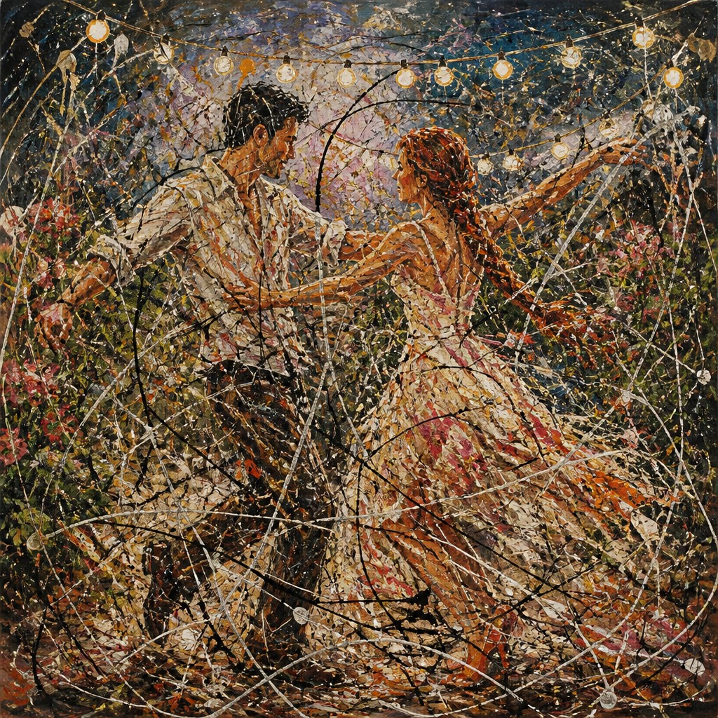 an original couple dancing under string lights in a garden at dusk: a man with short black hair in a linen shirt and a woman with braided red hair in a summer dress