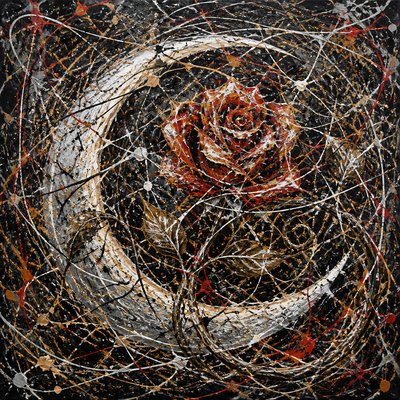 a rose entwined with a crescent moon, clean balanced composition on a plain background, no text