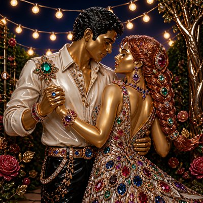 an original couple dancing under string lights in a garden at dusk: a man with short black hair in a linen shirt and a woman with braided red hair in a summer dress