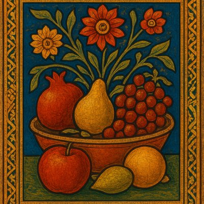 still life arrangement of fruits and flowers