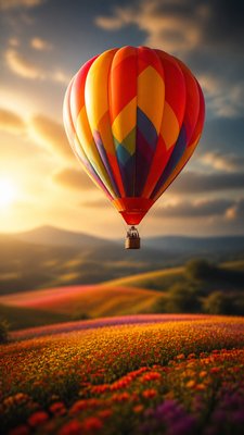 a hot air balloon drifting over rolling flower fields on a sunny day, cheerful, no text