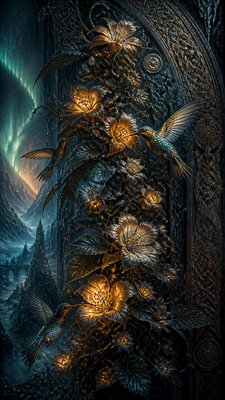 a climbing vine of flowers and hummingbirds on a dark background, tall wrapping composition, no text