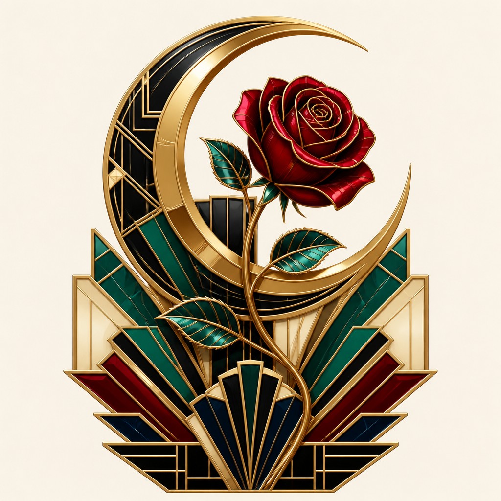 a rose entwined with a crescent moon, clean balanced composition on a plain background, no text