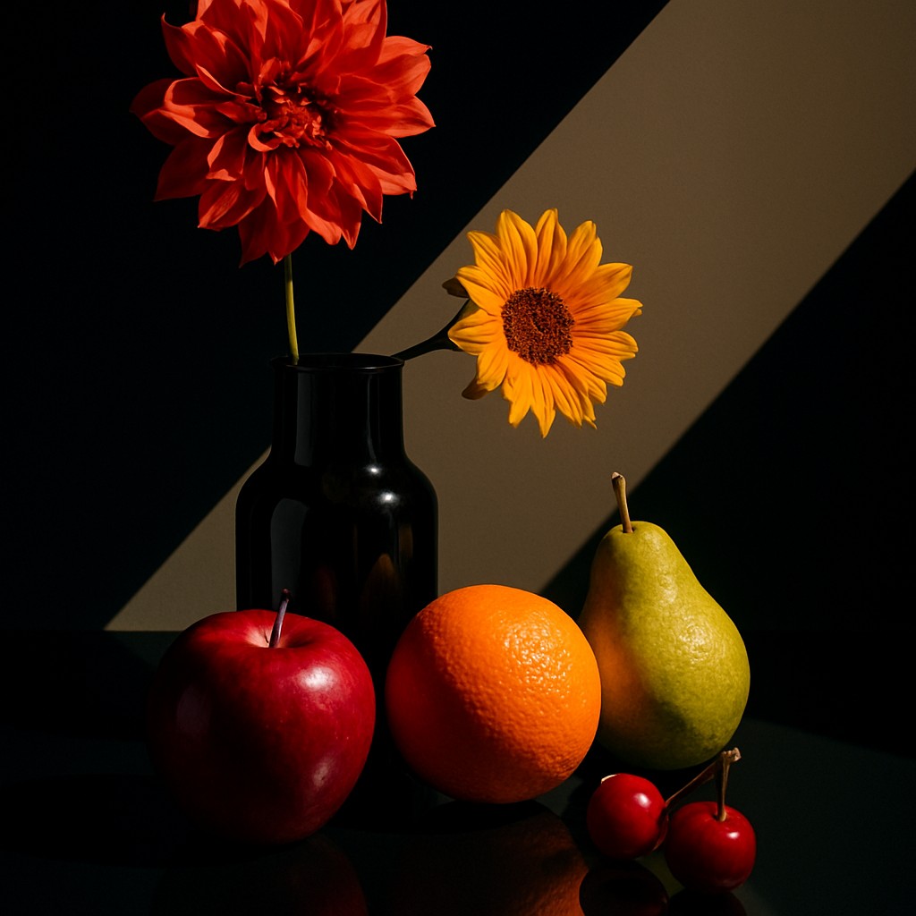 still life arrangement of fruits and flowers