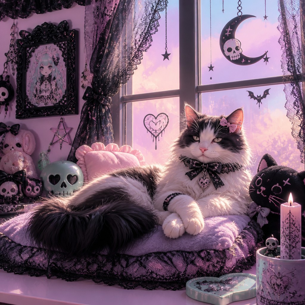a cat lounging in a sunlit window — Pastel Goth Aesthetic