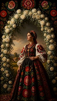 an arch of white roses and eucalyptus in soft morning light, elegant vertical composition with open space, no text