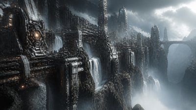a cliffside city with waterfalls cascading into a misty canyon, wide establishing shot, no people, no text