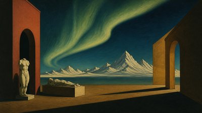 a flowing aurora over snowy peaks, wide sweeping composition, no people, no text