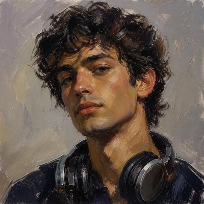 head-and-shoulders portrait of an original character: a young man with curly dark hair and headphones around his neck, plain backdrop, no text